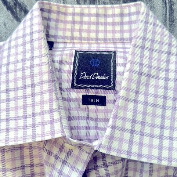 Men’s David Donahue Dress Shirt Trim 16.5 34/35 Purple and White Check - Picture 2 of 2